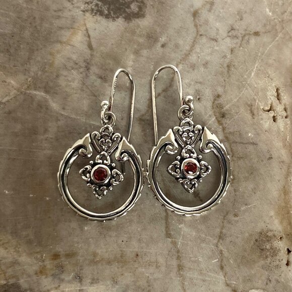 Sterling Silver 925 SX Thailand Garnet Scrollwork Dangle Drop Earrings - Picture 9 of 16